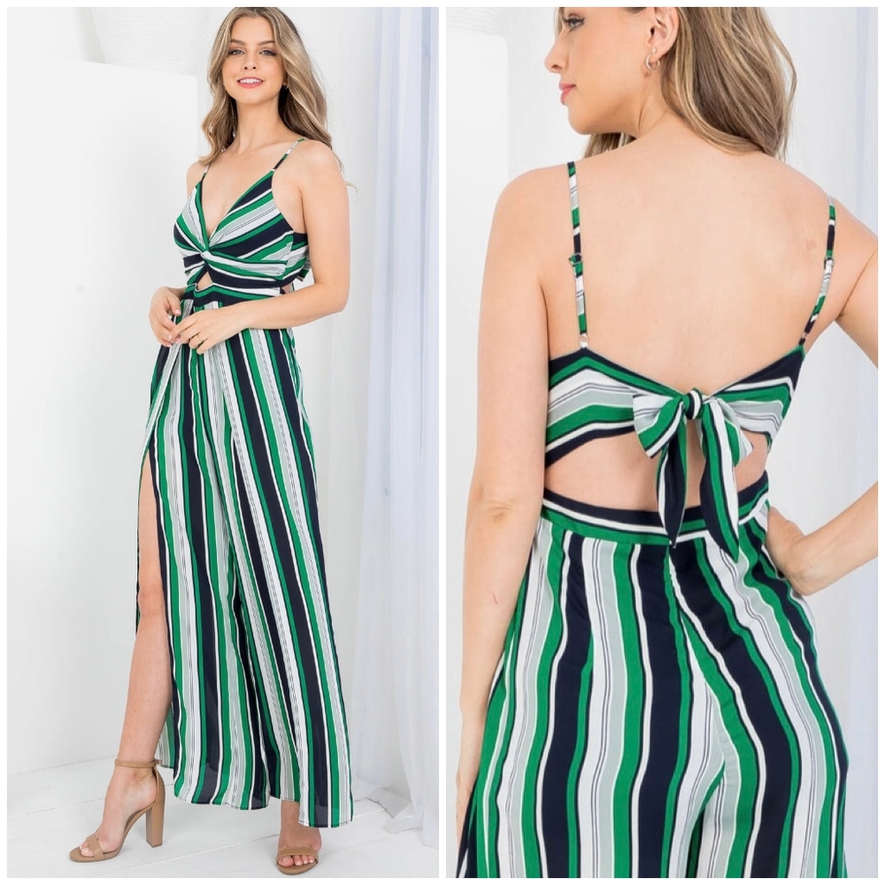 ILLA ILLA Sexy Green Striped Bow Tie Back Slit Straight Leg Jumpsuit - Picture 9 of 11